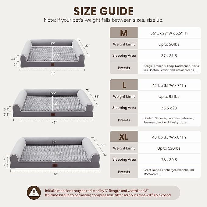 Warmrest Large Dog Beds Large Sized Dogs, Orthopedic XXL XL Dog Bed for Medium Size Dogs, Big Waterproof Couch Sofa with Removable Washable Cover for Pet, Light Grey, 48"*35"*8"