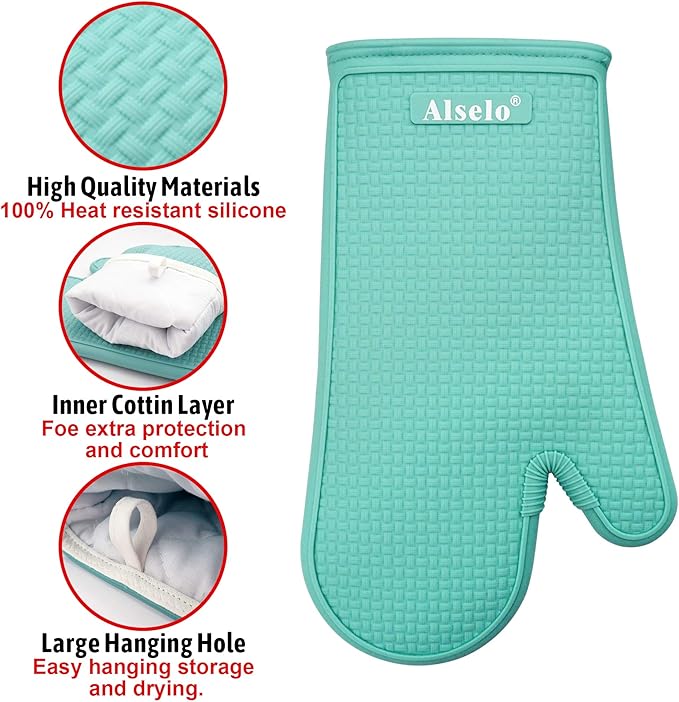 Oven Mitts Heat Resistant Silicone Kitchen Gloves for 550 Degrees with Waterproof and Non-Silp, Set of 2 Oven Gloves for Baking Cooking Barbecue Microwave Machine Washable (Blue, 2)