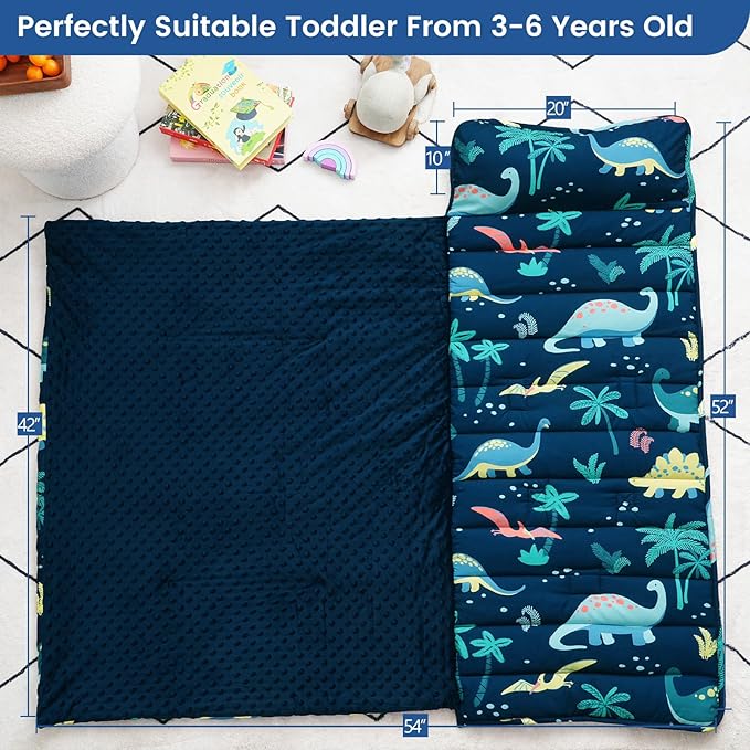 PHF Toddler Nap Mat with Removable Pillow and Minky Fleece Blanket, Rollup Design Warm Slumber Bags for Boys, 52"x20"x2" Kids Sleeping Bag for Daycare Preschool Travel Camping, Dinosaur