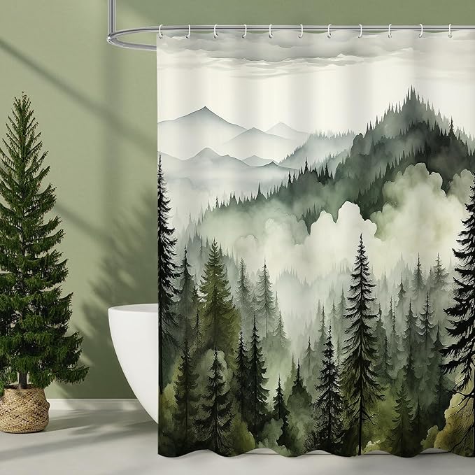Litabel Dark Green Long Misty Pine Forest Shower Curtain 72 x 78, Mountain Foggy Woodland Scenery Tree 78 Inch Long Shower Curtains for Bathroom, Abstract Waterproof Nature-Themed Decor