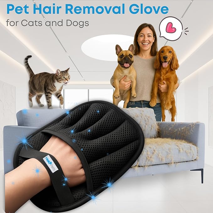 HELO PETS Pet Hair Removal Glove for Cats and Dogs – Upgraded Electrostatic Cleaning Glove for Easy Pet Hair Pickup on Furniture, Clothing, Couch & Car Seats.
