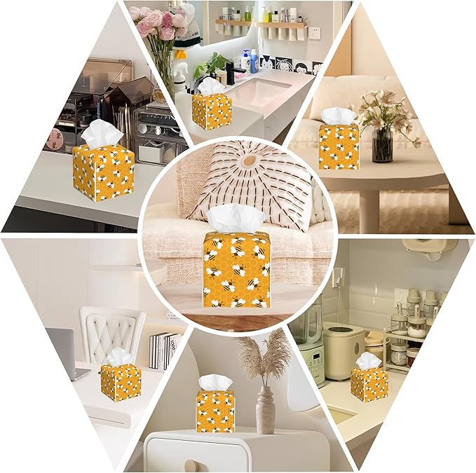 BLYKVGHQ Bee and Honeycomb Tissue Box Cover Square, Tissue Box Holder with Bottom Belt Leather Facial Paper Organizer Dispenser for Bathroom Bedroom Dresser Night Stand Tabletop