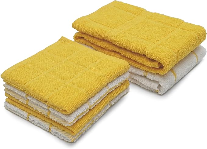 Mellow Buff 100% Cotton Terry Dish Cloth & Dish Towel, 6 Pack, Super Soft and Absorbent Kitchen Towels, Perfect for Kitchen Cleaning and Dish Washing (Yellow (DT and DC Combo))