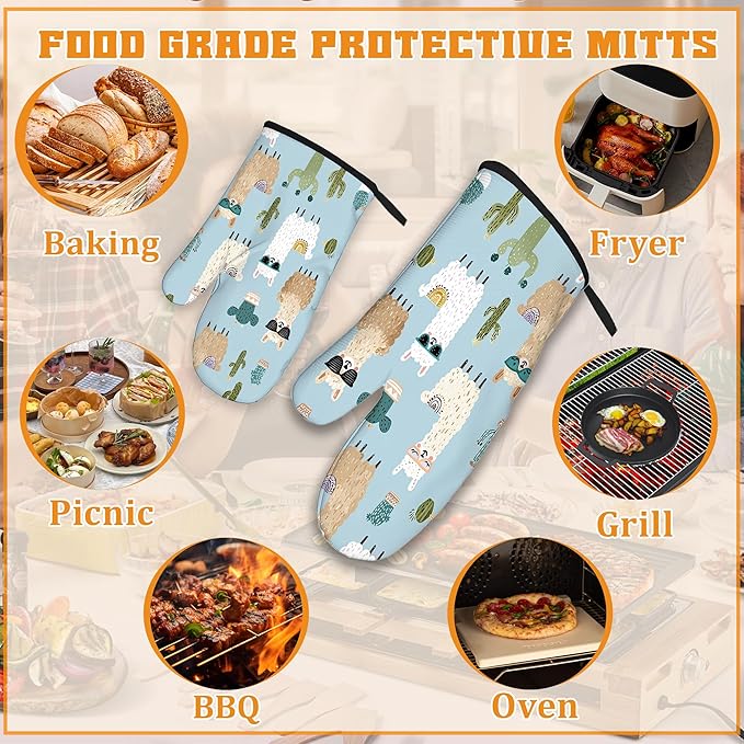 Cute Alpacas Oven Mitts and Pot Holders Set,Cactus Kitchen Decor Heat Resistant Non Slip Hot Pads and Oven Mitt for Chef Cooking Baking BBQ Mom Girl Gifts(4 Piece Set)