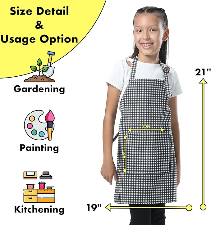 Kids Aprons for Cooking Waterdrop Resistant Aprons for Girl & Boy Toddler Apron for Painting, Gardening, Baking, Smock (Black, Medium (6-10 years)