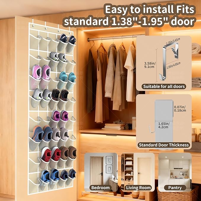 Gisiyunly Over the Door Shoe Organizer with 40 Large Pockets, Multi-Purpose Storage for Shoe and Accessories, Durable Fabric with Adjustable Hooks for Home Closet Bedroom Entryway -Beige