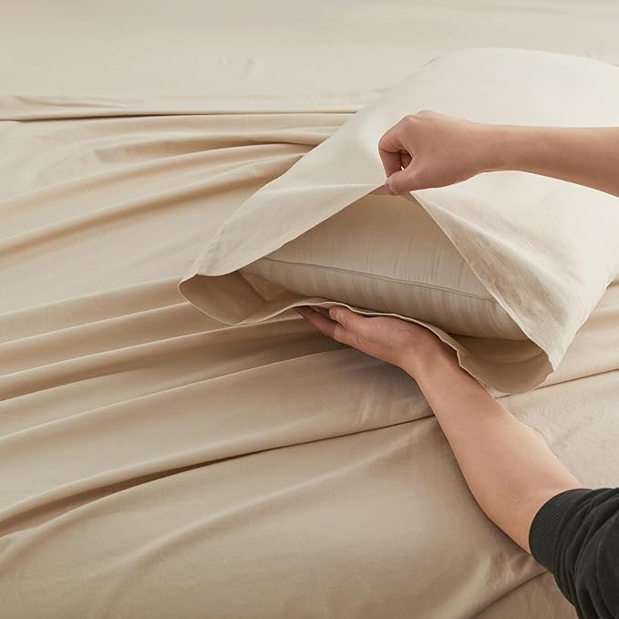 Simple&Opulence Belgian Linen Sheet Set Solid Color - 4 Pieces (1 Flat Sheet, 1 Fitted Sheet & 2 Pillowcases) Natural Flax Cotton Blend Soft Breathable Farmhouse Bedding - Queen Size, Linen/Beige