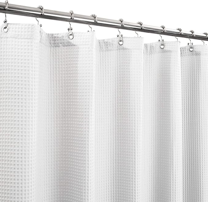 Barossa Design Fabric Shower Curtain Cotton Blend 96 Inch Extra Long, Honeycomb Waffle Weave, Hotel Luxury, Heavyweight, Spa, Washable, White, 72x96