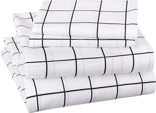 Amazon Basics Soft Microfiber 4-Piece Bed Sheet Set with Elastic Side Pockets, Full, Black Grid, Geometric