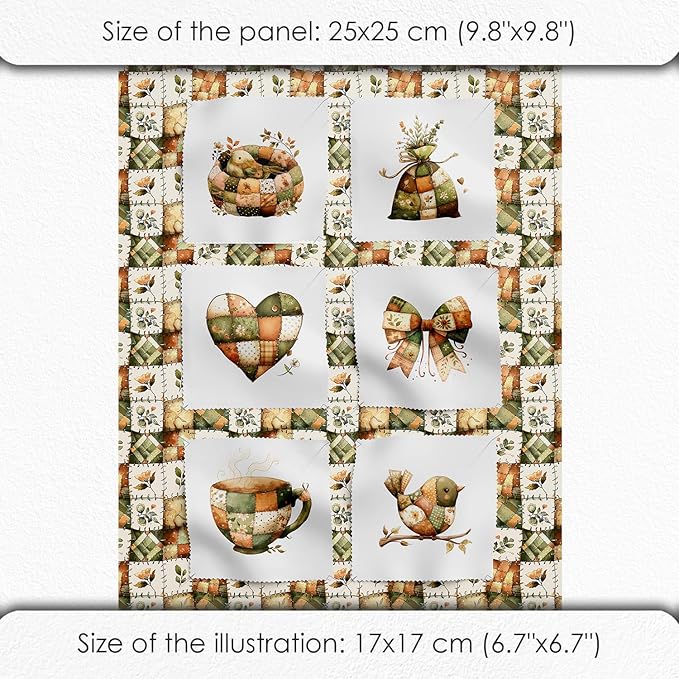 Rustic Patchwork Cotton Fabric Panel – 6 Designs (10"×10" inch Each) + Bonus Patchwork Sheet 29.5"×19.6" inch, 100% Cotton 140 GSM
