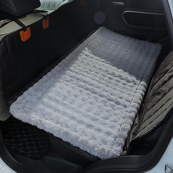AEEISHOMEREFORM Dog Car Seat Cover for Back Seat, Plush Dog Bed Mat for Car, Fit for Backseat Extenders, Travel Pet Mat, Nonslip Soft Pet Pad for Cars Trucks and SUVs (Light Gray, 24.8x54 inch)
