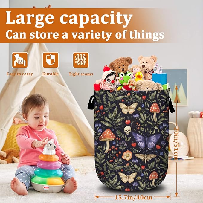 Vintage Mushroom Butterfly Laundry Basket with Sturdy Handles, Collapsible Oxford Cloth Laundry Hamper Organizer Basket for Bathroom Bedroom 15.7x20 Inch