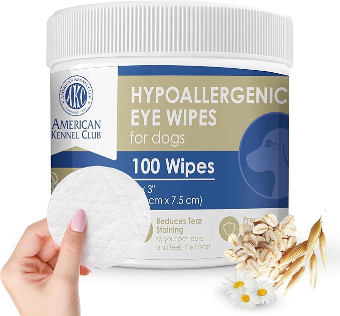 American Kennel Club Pet Eye Wipes for Dogs & Cats – Tear Stain Remover & Eye Discharge Cleaner – Hypoallergenic Grooming Wipes, 100 Count (Oatmeal Scent)