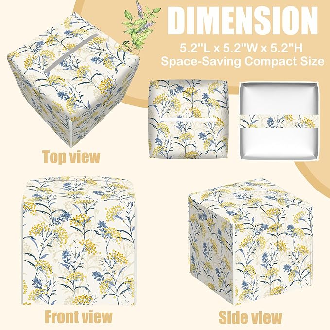 BLYKVGHQ Yellow Berries and Leaves Tissue Box Cover Square, Autumn Floral Tissue Box Holder with Bottom Belt Leather Facial Paper Organizer Dispenser for Bathroom Bedroom Dresser Night Stand Tabletop