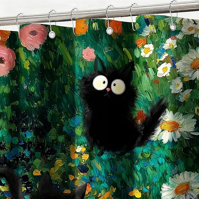 mutakin Funny Cats Shower Curtain Boho Vintage Flowers Shower Curtains for Bathroom Waterproof Fabric Bath Curtain Decor with Hooks