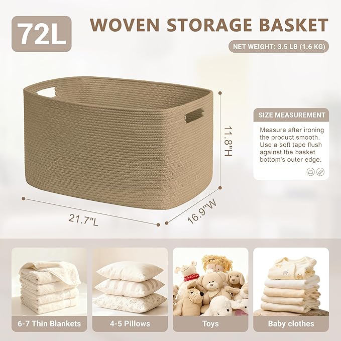 SunNewt 72L Large Wicker Laundry Basket for Living Room Storage,Boho Woven Cotton Rope Baskets for Kids Toy,Gifts,Square Blanket Hamper for Bedroom Dirty Clothes,Jute