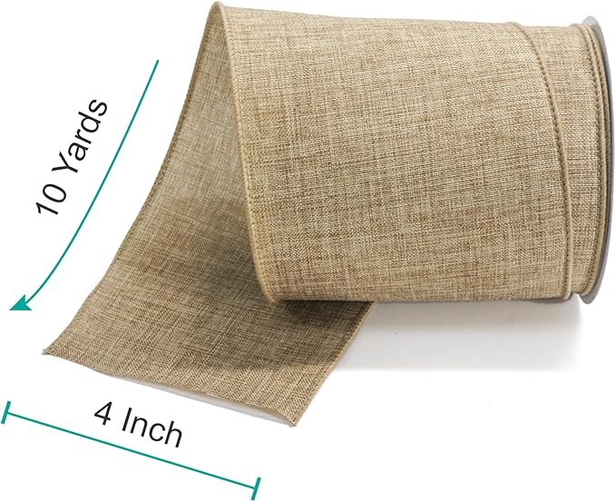 CT CRAFT LLC Burlap Fabric Wired Ribbon 4 Inch x 10 Yards Natural Color for Christmas Home Wedding Decor Gift Wrapping Tree Topper Bow Wreath Bouquet DIY Crafts