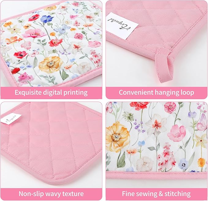 Wildflower Oven Mitts and Pot Holders Sets 4Pcs, 100% Cotton Heat Resistant, Extra Long Oven Gloves Potholder for Kitchen Cooking Baking Decoration
