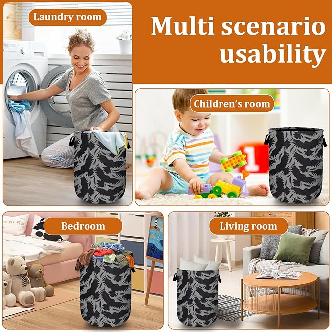 Crow Feather Laundry Basket with Sturdy Handles, Black Bird Collapsible Oxford Cloth Laundry Hamper Organizer Basket for Bathroom Bedroom 15.7x20 Inch