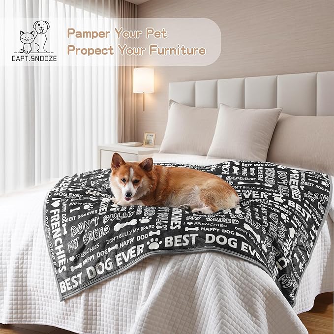 CAPT.SNOOZE Waterproof Dog Blankets Pet Blanket 60"x80", Soft Fluffy Sofa Car Bed Protector, Reversible Sherpa Fleece Dog Blanket for Large Dogs (Letters)