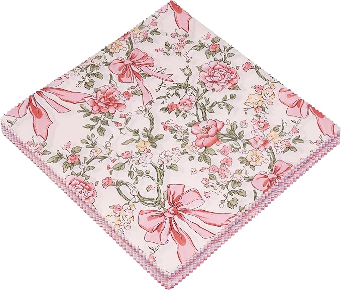 Hanjunzhao Valentines Pink Blue Bow Cotton Fabric Squares 10x10, 42Pcs Layer Cake Fabric for Quilting 10 inch, Layer Cakes 10 inch Squares for Quilting, DIY Bowknot, Gift Wrapping, Party Decor, Bows