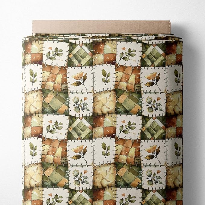 Olive Meadow Patchwork Cotton Fabric – Green & Earth Tone Botanical Patchwork Print Cotton 140 GSM, Panel 61 × 36.6 Inches, Pre-Cut Sewing Fabric Panel for Quilting, Crafts & Home Decor (USA Size)