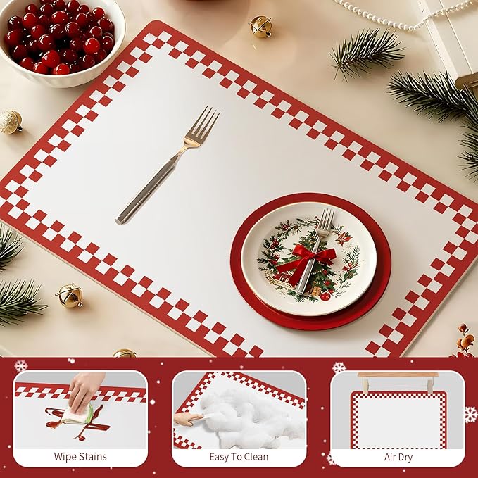 Red Coffee Mat for Countertop 16x24 Super Absorbent & Cuttable Kitchen Mat for Counter Coffee Maker Winter Kitchen Decor,Red White