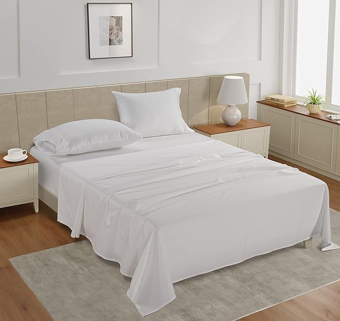 LANE LINEN 100% Cotton California King Sheet Set – 450 Thread Count Soft Sateen Sheets, Naturally Cooling & Breathable, 15” Deep Pocket Fully Elasticized Fitted Sheet, Bedding & Pillowcases, White