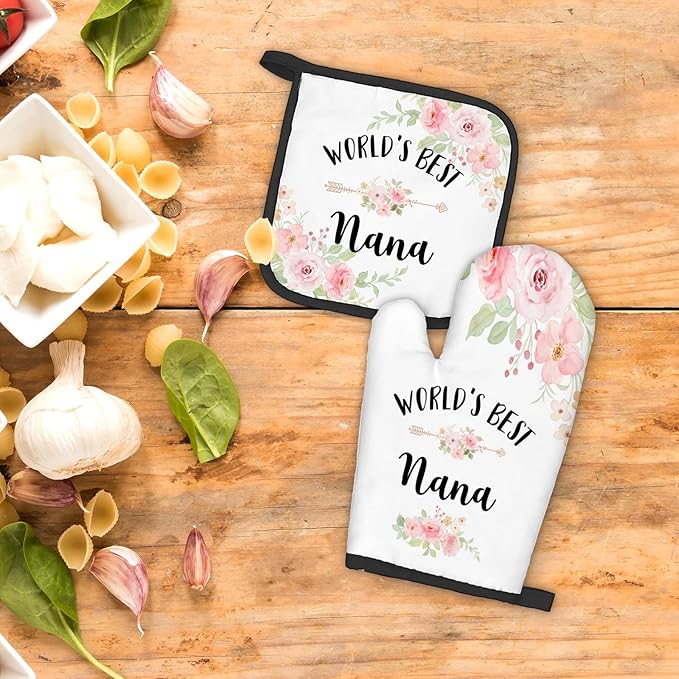 Best Nana Gifts Oven Mitts and Pot Holders Sets, Nana Gifts from Grandkids Kitchen Decor Accessories Sets, World’s Best Nana Heat Resistant Oven Glove Potholders for Kitchen Cooking Baking