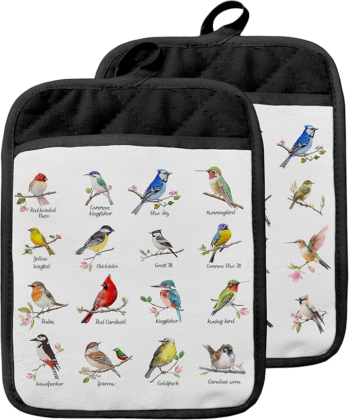 Birds on Branch Pot Holders with Pockets, Gifts for Bird Lovers, Bird Species Oven Pot Holders Heat Resistant Oven Mitts Hot Pads for Kitchen Baking Cooking, Set of 2