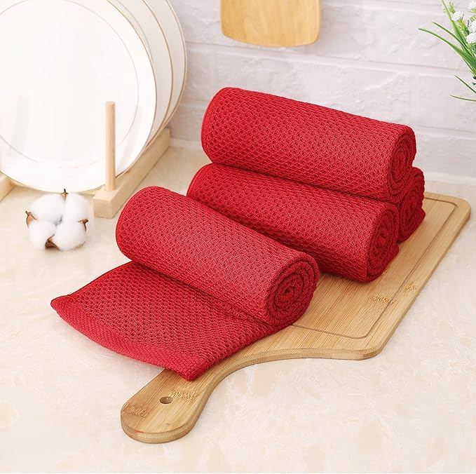 Kitinjoy 100% Cotton Waffle Weave Kitchen Towels, 6-Pack Super Soft and Absorbent Dish Towels for Drying Dishes, Kitchen Hand Towels, 13 in x 28 in, Red