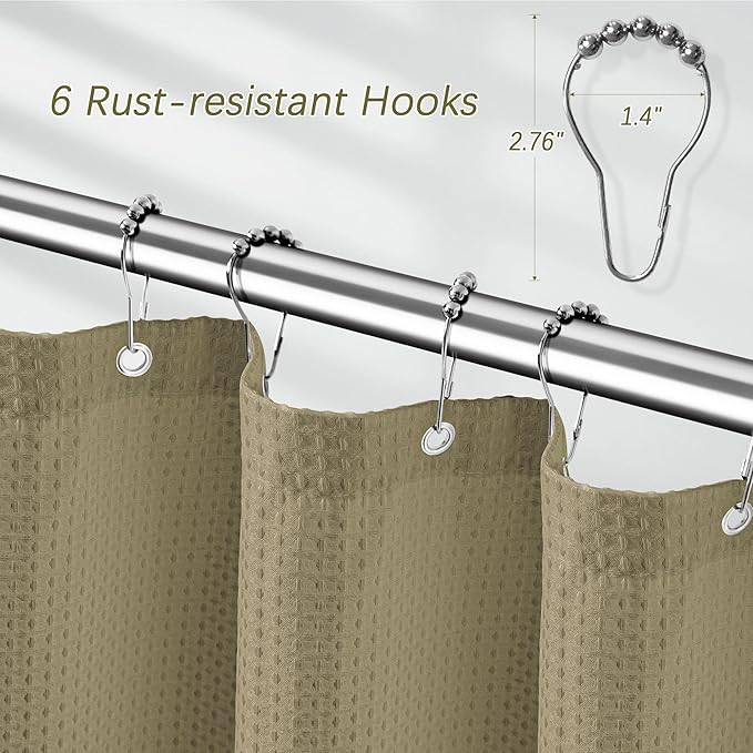 PANGSINNE Taupe Stall Fabric Shower Curtain - Water Repellent Waffle Textured 256GSM Heavy Duty Cloth Shower Curtains for Bath Tubs, Narrow Hotel Quality Bath Curtain Set with 6 Hooks, 36Wx72H