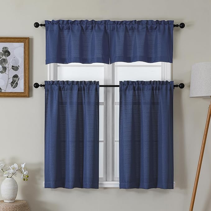 Lecloud Bessie Blue Kitchen Curtains 24 Inch Length 2 Panels, Light Filtering Faux Linen Cafe Short Curtains, Tiers Curtain with Dual Rod Pocket for Laundry Room Bathroom, Each 30 W x 24 L
