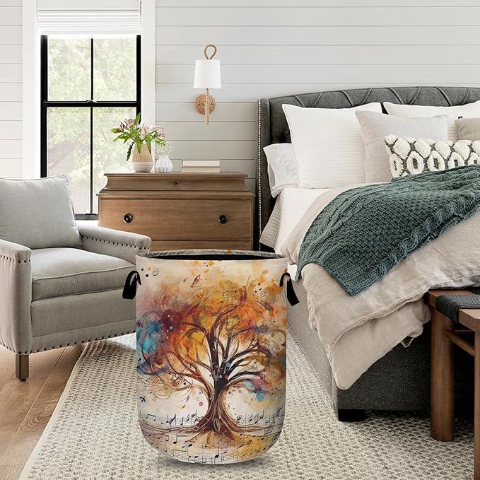 Colorful Tree Laundry Basket with Sturdy Handles, Music Notes Collapsible Oxford Cloth Laundry Hamper Organizer Basket for Bathroom Bedroom 15.7x20 Inch