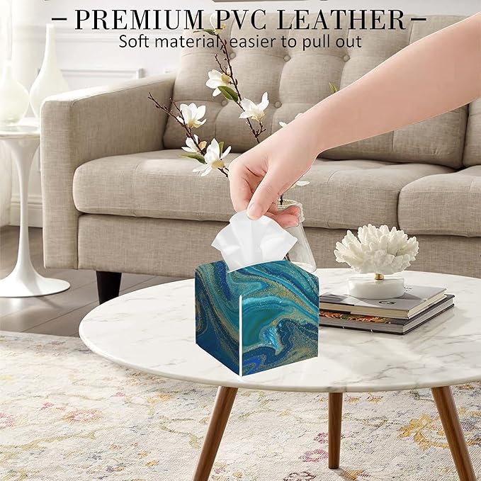 POIUBLE Leather Tissue Box Holder Blue and Gold Liquid Marble Tissue Box Cover Square Waterproof Tissue Holder Organizer Modern Napkin Holder for Bedroom Dresser Night Stand Office Desk