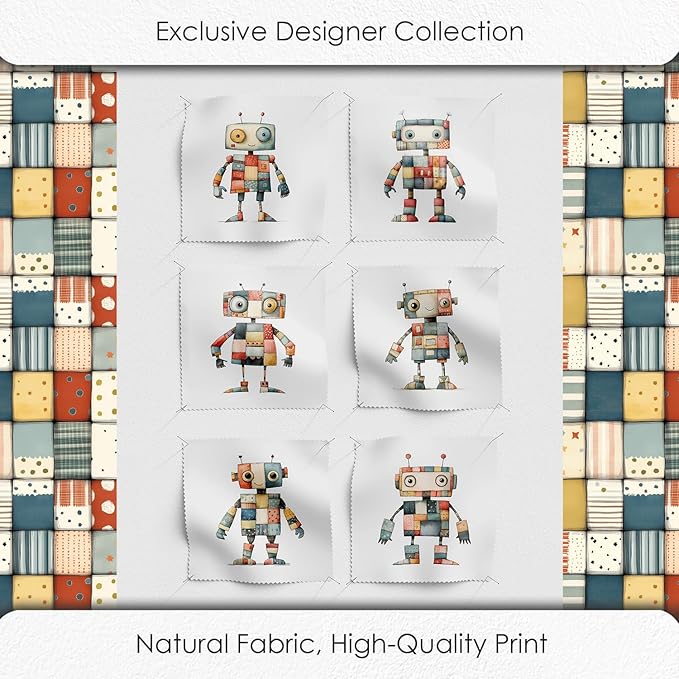 Robot Patchwork Cotton Fabric Panel – 6 Designs (10×10 inch Each) + Bonus Patchwork Sheet 29.5×19.6 inch, 100% Cotton 140 GSM, Made in Turkey