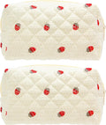 PAZIMIIK 2PCS SET Vintage Quilted Makeup Bag Cosmetic Pouch for Brushes Pencils and Travel Make Up Accessories for Women and Girls Gauze Strawberry