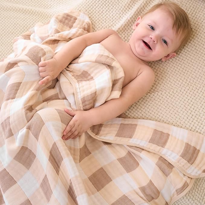HardNok Ultra Soft Muslin Baby Blanket Made with Organic Cotton - Neutral Earth Tone Checkered Swaddle & Nursery Quilt, 43x43 (Beige-Coffee Checkered)