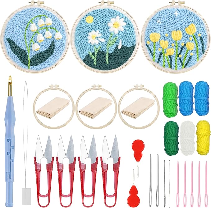 Woohome Punch Needle Kit Included Plastic Hoops, Punch Needle Cloth, Color Yarn and Punch Needle Tools for Adults, Beginners (9.Tulips and Chrysanthemums)