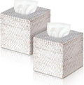 Kigley 2 Pcs Square Rattan Tissue Box Cover Boho Wicker Tissue Cube Box Cover 5.5'' x 5.5'' x 5.5'' Decorative Natural Wicker Hand Woven Napkin Box Holder Bathroom Office Car Accessories (White)