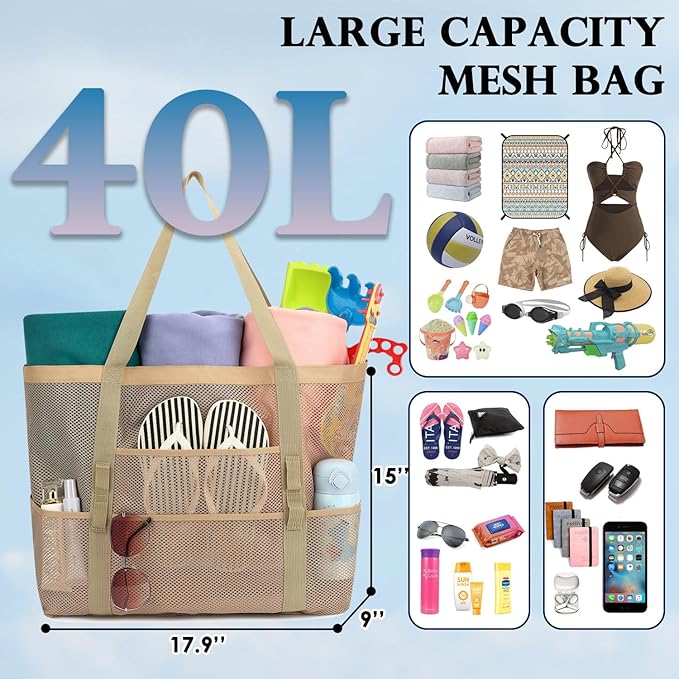 Fammart Mesh Beach Bag, Large Beach Tote with Zipper Pocket for Family Pool Bag for Toys & Vacation Essentials