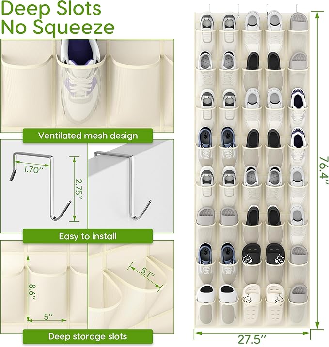 Unjumbly Over the Door Shoe Organizer with 40 Large Breathable Mesh Pockets, Space Saving Shoe Holder, Hanging Shoe Rack for Entryway Bedroom Closet Storage (Beige, 40 Pockets)