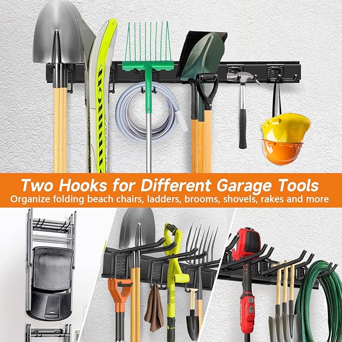 WEZAFO Garden Tool Organizer Wall Mount, Heavy Duty 48 Inches Garage Organization and Storage Racks for Yard Tools with 6 Hooks, Tool Hangers Holders for Hanging Folding Chair, Rake and Shovel