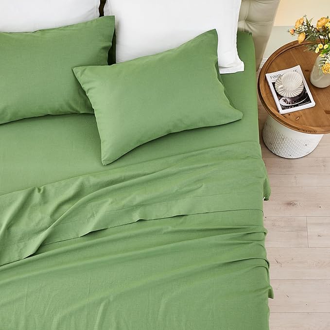 Simple&Opulence Belgian Linen Sheet Set Solid Color - 4 Pieces (1 Flat Sheet & 1 Fitted Sheet & 2 Pillowcases) Natural Flax Cotton Blend Soft Bedding Breathable Farmhouse - Khaki Green, Queen Size