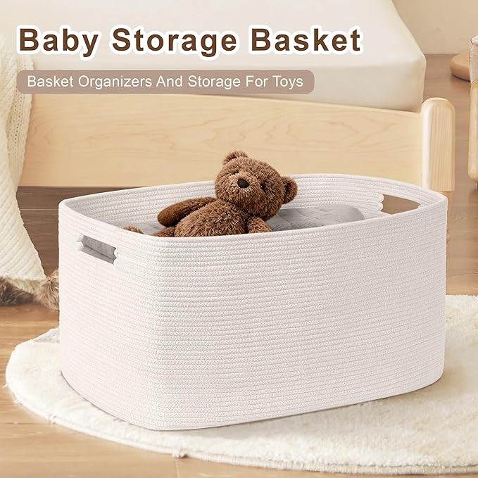 SunNewt 72L Large Baby Girls Laundry Basket for Nursery Storage,Cute Woven cotton Rope Baskets for Kids Toy，Gifts,Boho Square Wicker Blanket hamper for Living Room,Bedroom Dirty Clothes, White