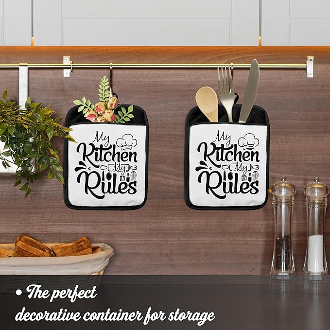 My Kitchen My Rules Funny Pot Holders with Pockets, Funny Chef Gifts Pot Holders Heat Resistant Oven Mitts Hot Pads for Kitchen Baking Cooking,Potholders for Kitchens