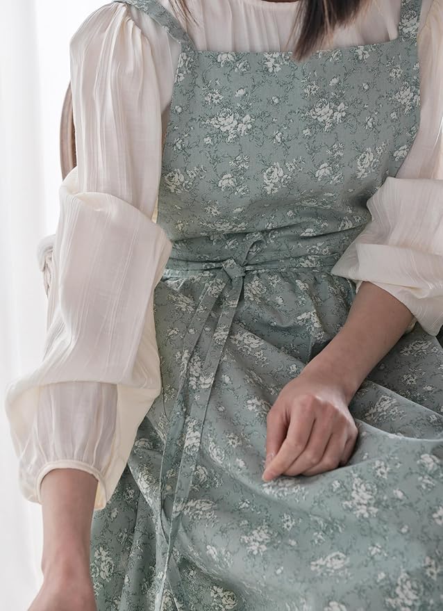 Japanese apron Women-Cross Back Apron for Women with Pockets, Pinafore Aprons, Womens Cotton Linen Apron