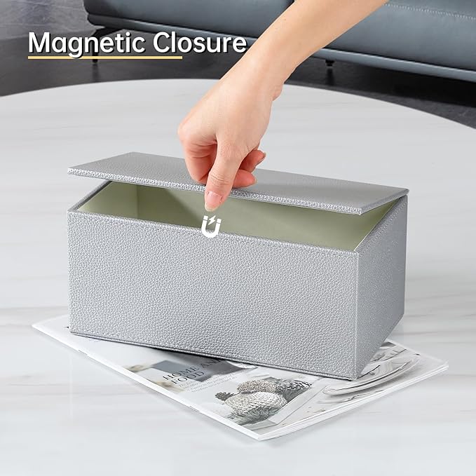 JLAMBOM Rectangle Tissue Box Cover for 120 to 160 Count Box of Tissues, PU Leather Tissue Holder with Magnetic Closure (Silver)