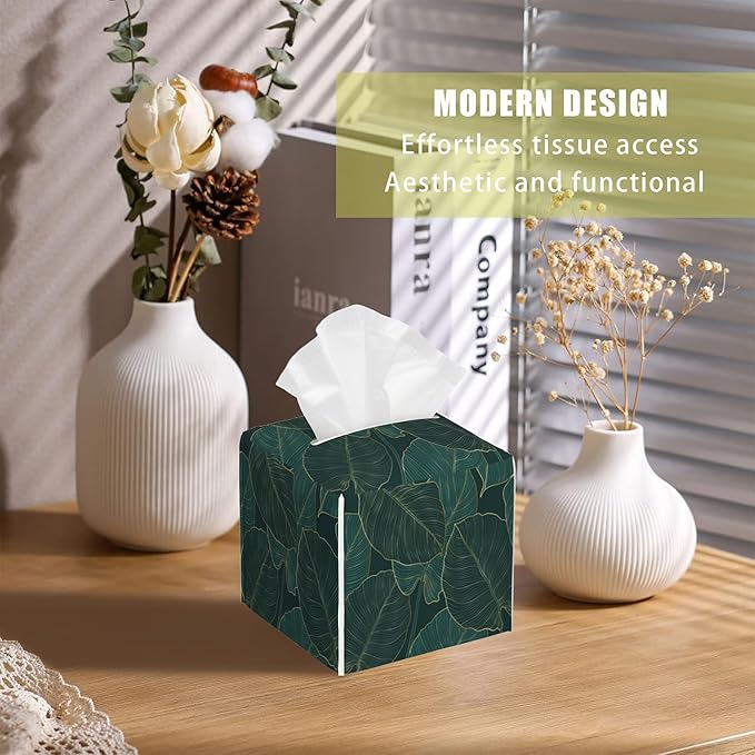 BLYKVGHQ Tropical Green Leaves Tissue Box Cover Square, Golden Line Art Tissue Box Holder with Bottom Belt Leather Facial Paper Organizer Dispenser for Bathroom Bedroom Dresser Night Stand Tabletop