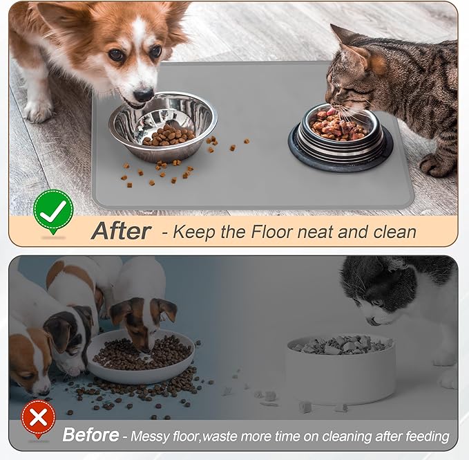 MoPawKT- Pet Food Mat 21” x 15“ with Raised Edges, Waterproof, Anti-Slip, Thickened Silicone Dog Food Mat for Bowls, Pet Accessories Tray Cat Food Mat Prevent Water Splashing onto The Floor (Black)